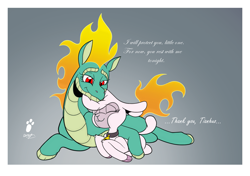 Size: 2079x1463 | Tagged: safe, artist:duragan, derpibooru exclusive, derpibooru import, pom lamb, tianhuo, dragon, hybrid, lamb, longma, sheep, them's fightin' herds, adorapom, community related, cuddling, cute, duo, female, friendshipping, resting, sleeping, snuggling, tianhuaww