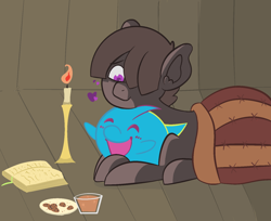 Size: 1480x1207 | Tagged: safe, artist:ponyfusk, derpibooru import, oc, oc:wax feather, ghost, pegasus, pony, undead, blanket, book, candle, chocolate, chocolate milk, cookie, food, male, milk, snuggling