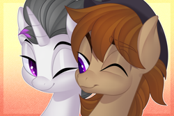 Size: 3000x2000 | Tagged: safe, artist:xvostik, derpibooru import, oc, oc only, oc:haze rad, oc:talu gana, pegasus, pony, unicorn, bust, commission, commissioner:biohazard, cowboy hat, cute, duo, eyebrows, eyebrows visible through hair, gay, gradient background, hat, high res, highlights, horn, looking at each other, male, nuzzling, one eye closed, pegasus oc, portrait, purple eyes, smiling, smiling at each other, stallion, stetson, unicorn oc, ych result