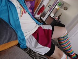 Size: 4608x3456 | Tagged: safe, derpibooru import, photographer:mr.sparkle, rainbow dash, twilight sparkle, twilight sparkle (alicorn), alicorn, human, equestria girls, clothes, cosplay, costume, crossdressing, crossplay, cutie mark, irl, irl human, photo, rainbow socks, shorts, skirt, socks, solo, striped socks