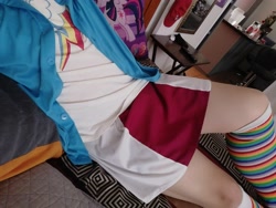 Size: 4608x3456 | Tagged: safe, derpibooru import, photographer:mr.sparkle, rainbow dash, twilight sparkle, twilight sparkle (alicorn), alicorn, human, equestria girls, clothes, cosplay, costume, crossdressing, crossplay, cutie mark, irl, irl human, photo, rainbow socks, skirt, socks, solo, striped socks