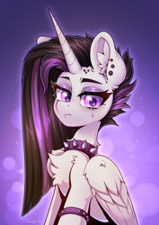 Size: 2480x3508 | Tagged: safe, artist:dandy, derpibooru import, princess celestia, alicorn, pony, bust, celestia is not amused, chest fluff, collar, ear fluff, ear piercing, ears, eyeshadow, female, goth, high res, horn, looking at you, makeup, mare, piercing, punklestia, solo, spiked collar, unamused, wings