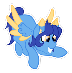 Size: 1870x1915 | Tagged: safe, artist:justapone, derpibooru import, oc, oc only, oc:helmie, pegasus, pony, cheek fluff, chin fluff, colored, colored pupils, colored wings, ear fluff, ears, feathered wings, februpony, grin, gritted teeth, male, pegasus oc, pointing, simple background, smiling, solo, spread wings, stallion, transparent background, wings