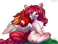 Size: 2048x1560 | Tagged: safe, artist:avery-valentine, derpibooru import, oc, oc only, earth pony, pony, brown mane, colored wings, commission, couple, couples, eyes closed, grass, happy, looking at each other, multicolored hair, multicolored wings, red hair, simple background, sleeping, smiling, smiling at each other, spread wings, white background, wings, ych result