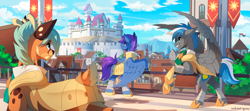 Size: 4000x1778 | Tagged: safe, artist:redchetgreen, derpibooru import, oc, oc only, oc:cloud zapper, deer, pegasus, pony, antlers, armor, bipedal, blue coat, castle, chin fluff, clothes, deer oc, detailed background, gray coat, guard, male, pegasus oc, purple mane, purple tail, rearing, royal guard, smiling, solar empire, spread wings, stallion, tail fluff, two toned mane, two toned tail, wings