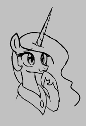 Size: 208x303 | Tagged: safe, artist:kabayo, ponerpics import, princess celestia, alicorn, pony, aggie.io, female, lowres, mare, monochrome, raised hoof, raised leg, simple background, smiling