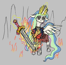 Size: 812x810 | Tagged: safe, ponerpics import, princess celestia, alicorn, pony, aggie.io, armor, clothes, crown, female, fire, frown, jewelry, magic, mare, regalia, simple background, sword, weapon