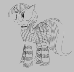 Size: 531x518 | Tagged: safe, artist:hattsy, ponerpics import, minuette, pony, unicorn, aggie.io, blushing, clothes, collar, dress, female, looking back, mare, monochrome, open mouth, simple background, skirt, smiling, socks