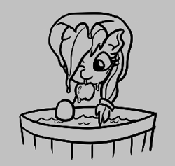 Size: 278x264 | Tagged: safe, ponerpics import, applejack, earth pony, pony, aggie.io, apple, apple bobbing, bucket, female, food, hat, mare, monochrome, mouth hold, simple background, smiling, water, wet