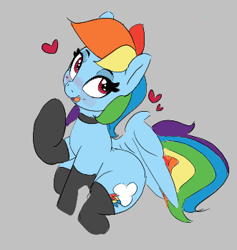 Size: 331x349 | Tagged: safe, artist:pabbley, ponerpics import, rainbow dash, pegasus, pony, aggie.io, blushing, clothes, collar, female, heart, looking at you, looking up, mare, open mouth, raised hoof, raised leg, simple background, sitting, smiling, socks, spread wings, wings