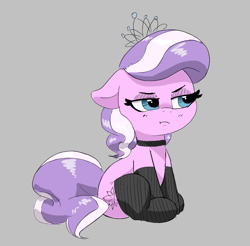 Size: 747x735 | Tagged: safe, artist:pabbley, ponerpics import, diamond tiara, earth pony, pony, aggie.io, blushing, clothes, collar, crown, eyebrows, female, filly, foal, frown, gray background, jewelry, looking away, mare, regalia, simple background, sitting, socks, solo