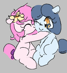 Size: 235x257 | Tagged: safe, artist:parfait, ponerpics import, oc, oc only, oc:hattsy, oc:kayla, earth pony, pony, aggie.io, eyes closed, female, hug, kissing, lowres, mare, one eye closed, simple background, sitting, smiling