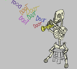 Size: 648x582 | Tagged: safe, ponerpics import, pony, aggie.io, bone, doot, musical instrument, simple background, sitting, skeleton, trumpet