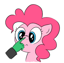 Size: 510x504 | Tagged: safe, ponerpics import, pinkie pie, oc, oc:anon, earth pony, human, pony, /pnk/, aggie.io, boop, clothes, female, hand, looking at something, male, mare, nose wrinkle, offscreen character, offscreen human, offscreen male, simple background, suit, white background