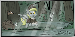 Size: 453x227 | Tagged: safe, artist:imsokyo, artist:pabbley, ponerpics import, derpy hooves, bear, pegasus, pony, rabbit, aggie.io, animal, clothes, female, flying, hat, mail, mailbag, mare, simple background, smiling, swamp, tree, water