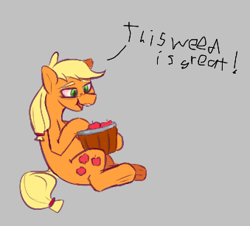 Size: 339x307 | Tagged: safe, ponerpics import, applejack, earth pony, pony, aggie.io, apple, bucket, dialogue, eating, female, food, high, mare, open mouth, simple background, sitting, smiling, talking