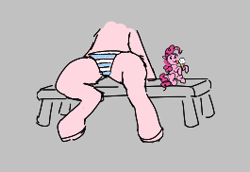 Size: 265x182 | Tagged: safe, ponerpics import, pinkie pie, earth pony, pony, aggie.io, bench, clothes, female, food, ice cream, mare, micro, panties, simple background, sitting, spread legs, spreading, underwear