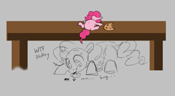 Size: 615x337 | Tagged: safe, artist:hattsy, artist:tjpones, ponerpics import, pinkie pie, earth pony, insect, pony, aggie.io, ants, belly, cookie, food, micro, on back, simple background, smiling, table, tongue, tongue out