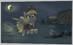 Size: 346x212 | Tagged: safe, artist:pabbley, ponerpics import, derpy hooves, pegasus, pony, aggie.io, clothes, desert, flying, hat, lighthouse, lowres, mail, mailbag, moon, night, night sky, simple background, sky, smiling, spread wings, stars, wings