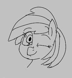 Size: 264x284 | Tagged: safe, ponerpics import, pony, aggie.io, female, looking at you, lowres, mare, monochrome, one eye closed, simple background, smiling, wink, winking at you