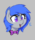 Size: 139x159 | Tagged: safe, artist:thebatfang, ponerpics import, oc, oc only, oc:lucky roll, bat pony, pony, aggie.io, bow, fangs, female, lowres, mare, open mouth, simple background, smiling