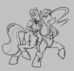 Size: 514x493 | Tagged: safe, artist:anontheanon, ponerpics import, oc, oc only, oc:anon, oc:nordpone, earth pony, pony, aggie.io, badge, clothes, eyes closed, hat, monochrome, riding, sheriff, simple background, walking