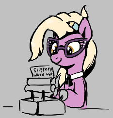 Size: 233x243 | Tagged: safe, artist:wenni, ponerpics import, grace manewitz, pony, aggie.io, female, glasses, lowres, mare, pencil, simple background, smiling, typewriter