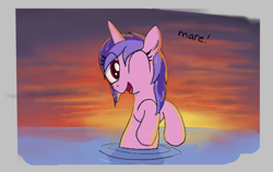 Size: 534x337 | Tagged: safe, artist:algoatall, artist:anonymous, ponerpics import, sea swirl, seafoam, pony, unicorn, aggie.io, female, mare, one eye closed, open mouth, smiling, sunset, water, wet, wet mane