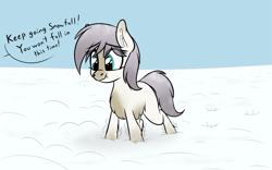 Size: 1827x1140 | Tagged: safe, artist:seafooddinner, derpibooru import, oc, oc only, oc:snowfall, pony, dialogue, ear fluff, ears, eye clipping through hair, female, filly, fluffy, foal, nervous, offscreen character, scrunchy face, shaking, shivering, snow, snowpony (species), solo, sweat, taiga pony, yakutian horse