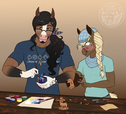 Size: 2832x2550 | Tagged: safe, artist:askbubblelee, oc, oc only, oc:timber swirl, oc:walter nutt, anthro, earth pony, unguligrade anthro, anthro oc, beard, beret, blushing, braided ponytail, clothes, commission, craft, digital art, earth pony oc, facial hair, figurine, gaming miniature, glasses, gradient background, hat, hoers, implied gay, male, miniature, painting, sculpture, shirt, stallion, wood