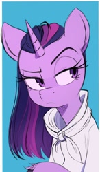 Size: 396x678 | Tagged: safe, artist:fanzeem, derpibooru import, twilight sparkle, pony, alternate hairstyle, ambiguous race, bust, clothes, lidded eyes, raised eyebrow, solo