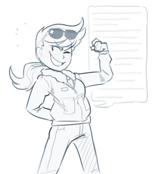 Size: 1107x1249 | Tagged: safe, artist:secretgoombaman12345, derpibooru import, rainbow dash, human, arm behind back, aviator glasses, bomber jacket, clothes, female, flexing, hand on hip, humanized, jacket, looking sideways, monochrome, one eye closed, ponytail, short, simple background, sketch, smiling, smug, solo, speech bubble, sunglasses, wink