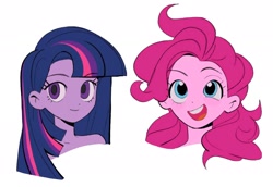 Size: 2048x1406 | Tagged: safe, artist:c_a__r_g_o, derpibooru import, pinkie pie, twilight sparkle, equestria girls, bare shoulders, bust, cute, duo, female, open mouth, portrait, simple background, white background