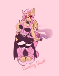 Size: 1582x2048 | Tagged: safe, alternate version, artist:dumpling_ghost, derpibooru import, fluttershy, anthro, bat pony, bare shoulders, bat ponified, big breasts, breasts, choker, cigarette, clothes, corset, ear piercing, earring, eyebrows, eyeshadow, female, fishnet clothing, flutterbat, hand on hip, hootershy, jewelry, makeup, piercing, pigeon toed, pink background, race swap, simple background, socks, solo, species swap, striped socks, thigh highs, wide hips