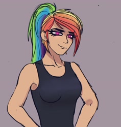 Size: 3880x4096 | Tagged: safe, artist:opal_radiance, derpibooru import, rainbow dash, human, breasts, clothes, female, humanized, ponytail, sleeveless, solo, tanktop