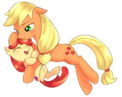 Size: 1000x800 | Tagged: safe, artist:demiesop, derpibooru import, apple bloom, applejack, earth pony, pony, adorabloom, cute, female, filly, foal, jackabetes, mare, siblings, simple background, sisters, white background