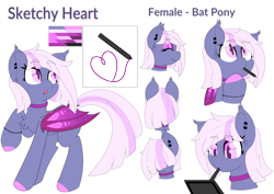 Size: 7658x5417 | Tagged: safe, artist:gnashie, derpibooru import, oc, oc only, oc:sketchy heart, bat pony, pony, :o, absurd resolution, bat pony oc, bracelet, chest fluff, choker, colored hooves, cutie mark, drawing, drawing tablet, ear fluff, ear piercing, ear tufts, earring, ears, eyebrows, eyebrows visible through hair, eyes closed, eyeshadow, female, full body, hooves, jewelry, makeup, mare, mouth hold, open mouth, piercing, raised hoof, raised leg, reference sheet, simple background, slit eyes, smiling, standing, stylus, tablet, tail, text, thinking, two toned mane, two toned tail, white background, wings