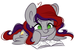 Size: 2430x1605 | Tagged: safe, artist:emberslament, derpibooru import, oc, oc only, oc:evening prose, pegasus, pony, book, eyebrows, eyebrows visible through hair, female, freckles, hooves on cheeks, jewelry, lying down, mare, necklace, no pupils, pearl necklace, pegasus oc, prone, simple background, solo, tail, transparent background, two toned mane, two toned tail, wings