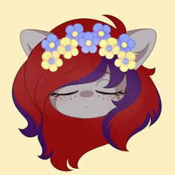 Size: 2000x2000 | Tagged: safe, artist:yomechka, derpibooru import, oc, oc only, oc:evening prose, pegasus, pony, eyes closed, female, floral head wreath, flower, freckles, jewelry, mare, necklace, pearl necklace