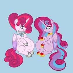 Size: 2048x2048 | Tagged: safe, artist:chelseawest, derpibooru import, oc, oc:mi amore rose heart, oc:mi amore ruby heart, alicorn, alicorn oc, alternate universe, belly, bonding, cute, female, hoof on belly, horn, hyper, hyper belly, hyper pregnancy, impossibly large belly, kicking, mother and child, mother and daughter, multiple pregnancy, ocbetes, offspring, offspring's offspring, parent and child, parent:oc:glimmering shield, parent:oc:mi amore rose heart, parent:oc:silk tie, parent:princess flurry heart, parents:canon x oc, parents:oc x oc, petalverse, pregnant, sitting, wings