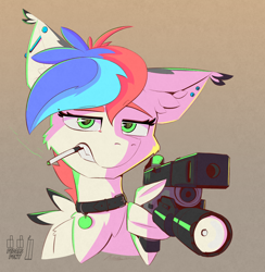 Size: 1800x1846 | Tagged: safe, artist:pedalspony, derpibooru import, oc, oc:pedals, cigarette, collar, delet this, ear piercing, glock, gun, handgun, pedals, piercing, pistol, pointing gun at you, scowl, smoking, sticker, transgender, transmare, weapon, wing hands, winghold, wings