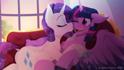 Size: 1920x1080 | Tagged: safe, artist:willoillo, derpibooru import, rarity, twilight sparkle, twilight sparkle (alicorn), alicorn, pony, unicorn, chest fluff, dock, female, kissing, lesbian, looking at each other, looking at someone, rarilight, shipping, smiling, sunset, tail, wallpaper, wings