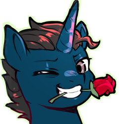 Size: 1159x1159 | Tagged: safe, artist:cold-blooded-twilight, derpibooru import, oc, oc:slashing prices, pony, unicorn, commission, cowlick, eyebrows, flower, flower in mouth, horn, icon, looking at you, male, mouth hold, one eye closed, rose, rose in mouth, simple background, smiling, smirk, solo, stallion, teeth, transparent background, unicorn oc, wink