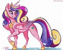 Size: 600x478 | Tagged: safe, artist:stray-sketches, derpibooru import, princess cadance, alicorn, pony, female, looking back, mare, prismacolors, simple background, smiling, solo, traditional art, white background