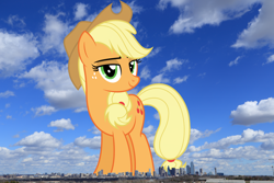 Size: 1900x1267 | Tagged: safe, artist:dashiesparkle, artist:thegiantponyfan, derpibooru import, applejack, earth pony, pony, applejack's hat, clothes, cowboy hat, dallas, female, freckles, giant pony, giant/macro earth pony, giantess, hat, highrise ponies, irl, looking at you, macro, mare, mega applejack, mega giant, photo, ponies in real life, smiling, stetson, story included, texas