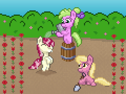 Size: 960x720 | Tagged: safe, artist:nitobit, derpibooru import, daisy, flower wishes, lily, lily valley, roseluck, earth pony, alternate hairstyle, barrel, bush, cute, female, filly, flower, flower trio, foal, garden, pixel art, shovel, watering can, wet, wet mane, younger
