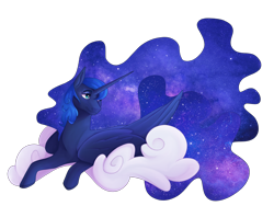 Size: 4000x3000 | Tagged: safe, artist:cerulean-crow, derpibooru import, princess luna, alicorn, pony, cloud, female, flowing mane, high res, lidded eyes, lying down, lying on a cloud, mare, missing accessory, on a cloud, prone, simple background, smiling, solo, transparent background