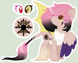 Size: 2929x2353 | Tagged: safe, artist:lazuli0209, artist:stormcloud-yt, derpibooru import, oc, oc only, draconequus, hybrid, base used, bat wings, chest fluff, draconequus oc, ear fluff, ears, eyelashes, heterochromia, interspecies offspring, looking back, offspring, one wing out, parent:discord, parent:fluttershy, parents:discoshy, paw prints, simple background, solo, wings