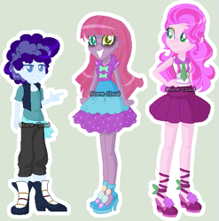 Size: 581x588 | Tagged: safe, artist:stormcloud-yt, derpibooru import, oc, oc only, equestria girls, bags under eyes, base used, clothes, equestria girls-ified, female, grin, heterochromia, high heels, male, offspring, parent:party favor, parent:pinkie pie, parents:partypie, shoes, simple background, skirt, smiling