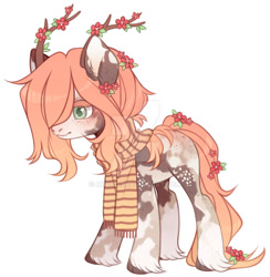 Size: 1024x1050 | Tagged: safe, artist:miioko, derpibooru import, oc, oc only, pony, antlers, clothes, deviantart watermark, hair over one eye, obtrusive watermark, scarf, simple background, solo, watermark, white background